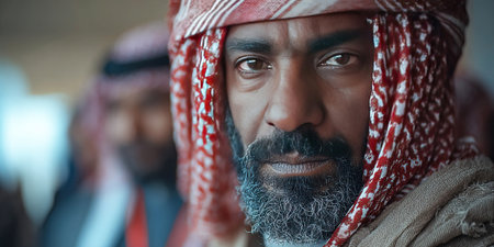 An elderly Arab sheikh dressed in traditional attire grips a machine gun while attending an important meeting with other men.の素材