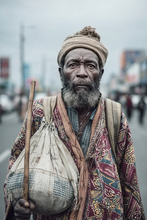 In an African city a poor man stands on the street dressed in tattered clothing. Wealthy individuals walk past him emphasizing the stark contrast between their lives and his struggle.の素材