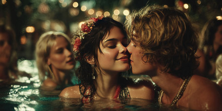 Two joyful girls and two young guys celebrate love and equality in a lively pool setting. Their fashionable outfits and smiles reflect the vibrant atmosphere of the moment.の素材