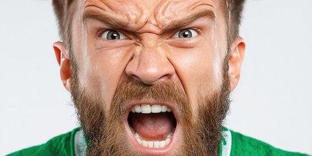 A male football supporter expresses his frustration and rage while wearing a football uniform.の素材