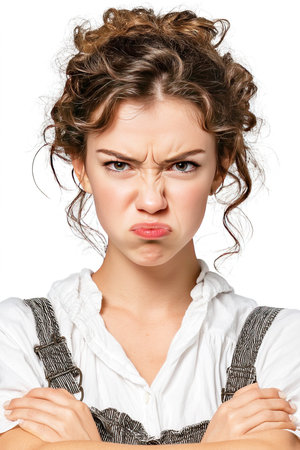 A young woman expresses fury with a scowl on her face and crossed arms. Her curly hair frames her face as she stands against a plain white backdrop. Emotions of frustration and anger are clear.の素材