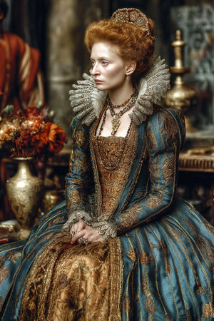 A refined woman sits gracefully in a richly decorated room, wearing a detailed Renaissance gown featuring intricate patterns. Her hairstyle and jewelry reflect the opulence of the era.の素材