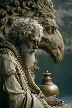 In a serene coastal setting Aesop the ancient Greek fabulist gazes thoughtfully while seated near an ornate vessel.の素材