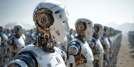 On world population day a group of chrome robots stands in formation showing advancements in android technology and the growing influenceの素材