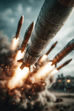 A close up view of multiple military missiles soaring through the sky showcasing the power and intensity of a war attack. Smoke and fire trail behind as they advance in the air.の素材