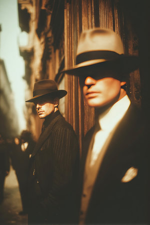 Two men in dark suits and hats stand close together in a shadowy alley their expressions serious as they survey the surroundings. This reflects the secretive and dangerous nature of mafia life.の素材