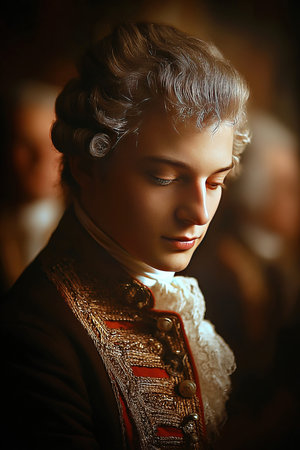 A young man dressed in an ornate jacket with elaborate details reflects deeply while surrounded by blurred figures in the background.の素材