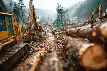 Heavy machinery works in a forest as lumberjacks cut down large trees. Chainsaws buzz in the background showing the industrial logging process and its impact on the environment.の素材