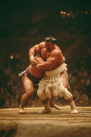 A sumo wrestler expertly throws another over his shoulder in an intense competition. This traditional event highlights the power and technique of the athletes in a grand arena in Japan.の素材