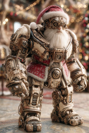 A chrome exoskeleton Santa Claus adorned with a traditional hat and fur stands beside a quantum fir tree decorated with colorful New Year toys. The atmosphere is festive and cheerful.の素材