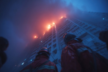 Firefighters work intensely to extinguish a significant fire at a multi story building. Rescuers are positioned with fire ladders while smoke and flames illuminate the night sky.の素材