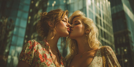 Two fashionable girls kiss affectionately in a bustling business center surrounded by mirrored high rises. Their bond represents love and equality in an urban setting.の素材