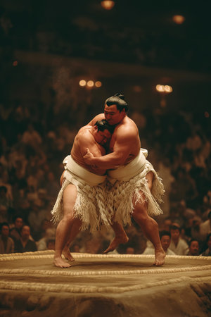 In an exciting sumo wrestling competition in Japan one wrestler skillfully throws his opponent over his shoulder as they engage in a fierce duel beforeの素材