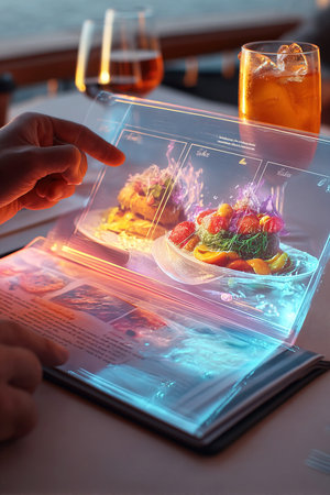 A hand interacts with a holographic menu displaying vibrant food illustrations at a modern restaurant. The setting features a drink and an elegant atmosphere showing innovative dining technology.の素材