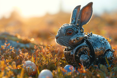 A vibrant landscape features chrome robot rabbit exoskeletons surrounded by colorful Easter eggs in lush grass all set against a breathtaking rainbow skyの素材