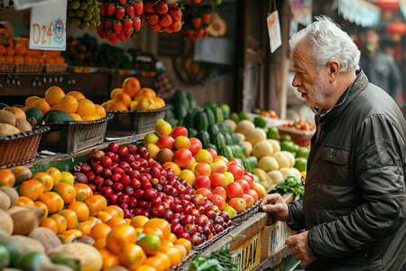 European market stall with tropical fruits fresh colorful produce. A cheerful emigrant trader. Header banner mockup with copy space.の素材