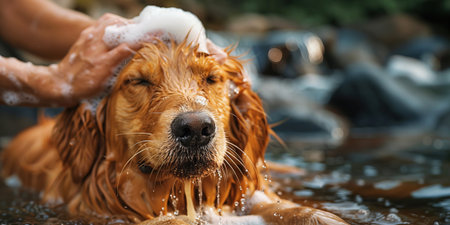 Dog pet bathing in bathtub with shampoo, grooming coat care. Human hands washing purebred dog. Header banner mockup with copy space.の素材