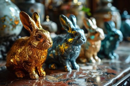 A collection of intricately designed chrome robot bunny exoskeletons rests on a polished surface each reflecting light in a festive display.の素材