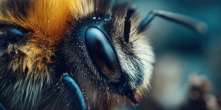 This close up captures a bee in incredible detail revealing its fuzzy body large eyes and delicate antennae. The insect appears active exploring its surroundings in the wild.の素材