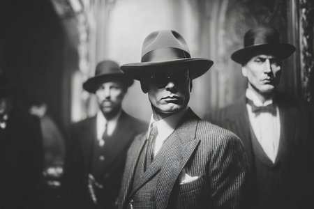 Men dressed in vintage suits and fedoras gather in a shadowy setting embodying the aura of the Italian mafia. Their expressions are serious indicating the gravity of the moment.の素材