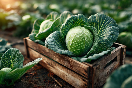 A rustic wooden box filled with freshly harvested cabbages sits in vibrant cabbage fields under warm sunlight. Dew glistens on the leaves showcasing a bountiful harvest.の素材
