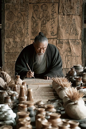Cai Lun a skilled craftsman is seen working diligently at a wooden table. Surrounded by pottery and materials he inscribes characters on a sheet of paper illustrating the art of paper making.の素材