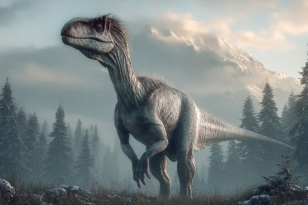 A Cryolophosaurus stands majestically in a misty prehistoric landscape filled with towering forests and distant mountains. The setting emphasizes its size and ferocity in the Mesozoic era.の素材