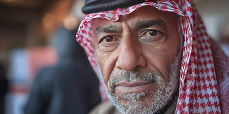 An elderly Arab man wearing traditional attire stands in a voting location thoughtfully engaging in the election process.の素材