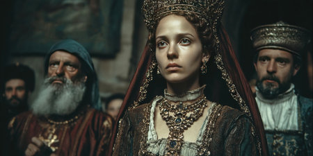 In a grand hall, a poised noblewoman adorned in fine jewelry stands at the center, flanked by two men in elaborate historical attire. The atmosphere conveys the significance of the event.の素材