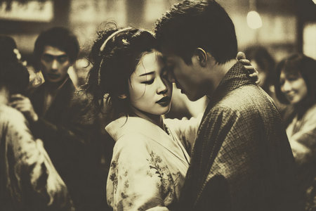 A young geisha performs a graceful slow dance for a man dressed in a kimono capturing an intimate moment in a traditional Japanese environment. The atmosphere is serene and culturally rich.の素材