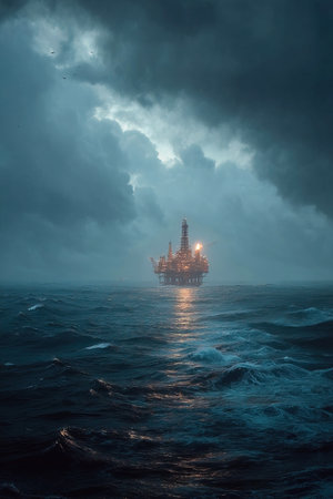 An oil rig stands resilient in turbulent waters under dark ominous clouds. The looming storm threatens ecological disaster as it reflects on the restless sea surface.の素材