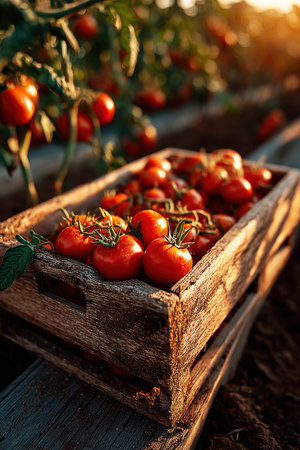 A rustic wooden box filled with ripe tomatoes rests on the ground showing the vibrant fruits against lush tomato fields illuminated by warm sunlight.の素材
