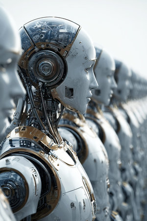 A lineup of chrome robots stands in formation showing advancements in android technology.の素材