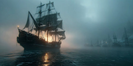 A majestic pirate ship reveals itself from the thick mist its silhouette haunting against the dark waters.の素材