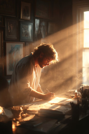 A writer focuses intently on his work at a wooden desk illuminated by natural light streaming through a window. The library setting is filled with shelves of books and artistic elements.の素材