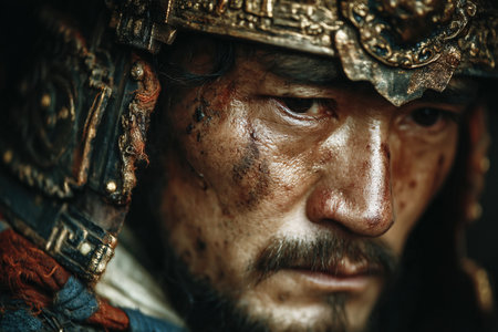 A fierce warrior in ornate armor stands resolute eyes focused on the battlefield.の素材
