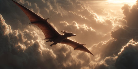 A majestic pterodactyl glides through the vibrant clouds at sunset its wings spread wide. Below ancient mountains and a lush forest create a primeval landscape evoking the age of dinosaurs.の素材