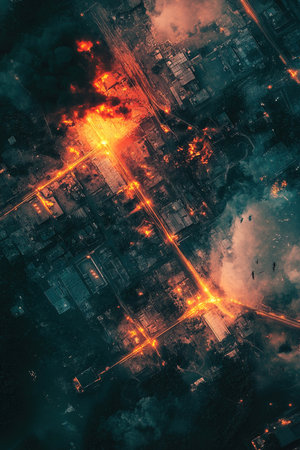 Graphic neon visualization of military operations shows the movement of equipment and soldiers in a conflict zone. The satellite view captures significant activity amidst active explosions and smoke.の素材
