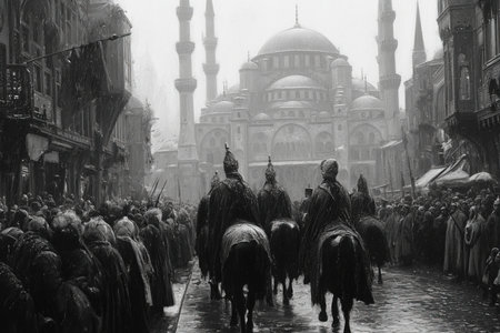 The Turkish Sultan leads a grand procession through the streets of Constantinople following a successful conquest. The atmosphere is filled with crowds and historic architecture.の素材