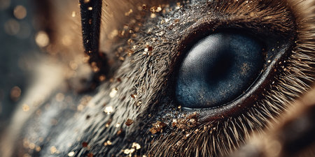 In a close up view of a bee the fine details of its eye and textured fur are prominent. Glimmers of pollen highlight the importance of pollinators in the ecosystem. This captures nature's beauty.の素材