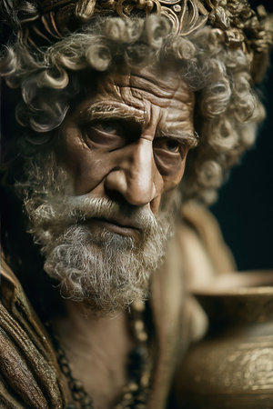 Aesop the famed ancient Greek fabulist appears with striking features and a thoughtful expression. His curly hair and beard emphasize his wisdom as he contemplates lifes lessons holding a vessel.の素材