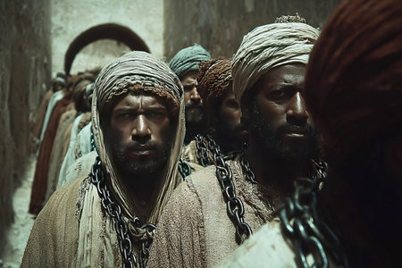 This scene depicts African individuals in chains waiting at an Arab slave market in ancient times. Their expressions reflect the harsh reality of the slave trade highlighting historical suffering.の素材