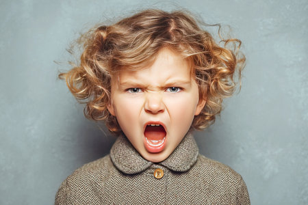 A young child screams in rage showing clear signs of distress and anger. The child has curly hair and is in an isolated gray setting with tears evident on their face during this emotional moment.の素材