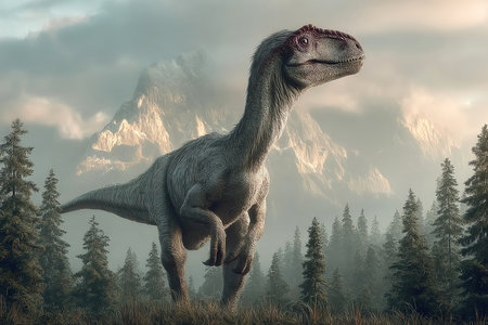 Cryolophosaurus roams a lush prehistoric landscape filled with towering forests and majestic mountains. This scene captures the essence of its ancient world during the Mesozoic era.の素材