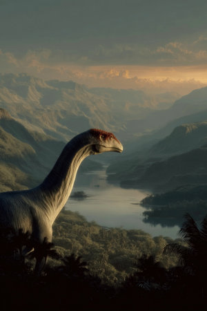 A Malawisaurus stands majestically against a backdrop of serene lakes dense forests and towering mountains during a primeval time showing the beauty of ancient earth.の素材