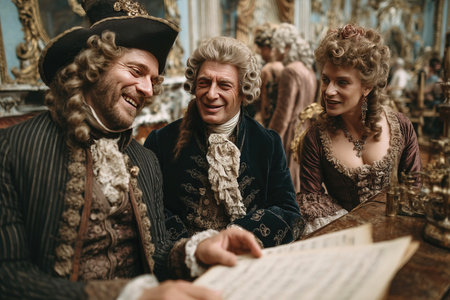 Three renowned composers interact joyfully at an elegant event sharing thoughts and ideas on their musical creations. Their rich attire reflects the grandeur of the era they represent.の素材