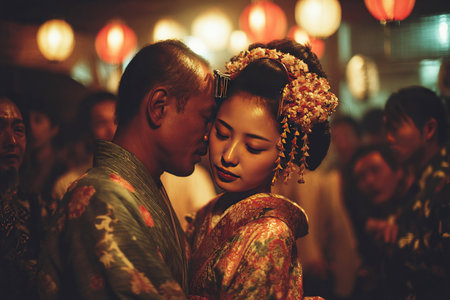 A young geisha gracefully dances in a traditional setting enthralling a man dressed in a kimono. The warm glow of lanterns illuminates their elegant attire during a cultural celebration.の素材