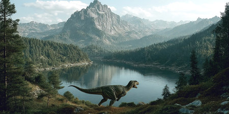 A Kryptops dinosaur roams through a diverse landscape filled with lakes forests and majestic mountains. The scene showcases the beauty of a primeval environment enhancing the creature's presence.の素材