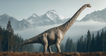Glacialisaurus dinosaur stands tall in a lush prehistoric landscape surrounded by dense forests and towering mountains. The scene captures the serenity of a time long gone.の素材