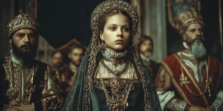 A captivating moment portrays a young noblewoman dressed in intricate, ornate attire adorned with jewels, surrounded by men in elaborate costumes.の素材